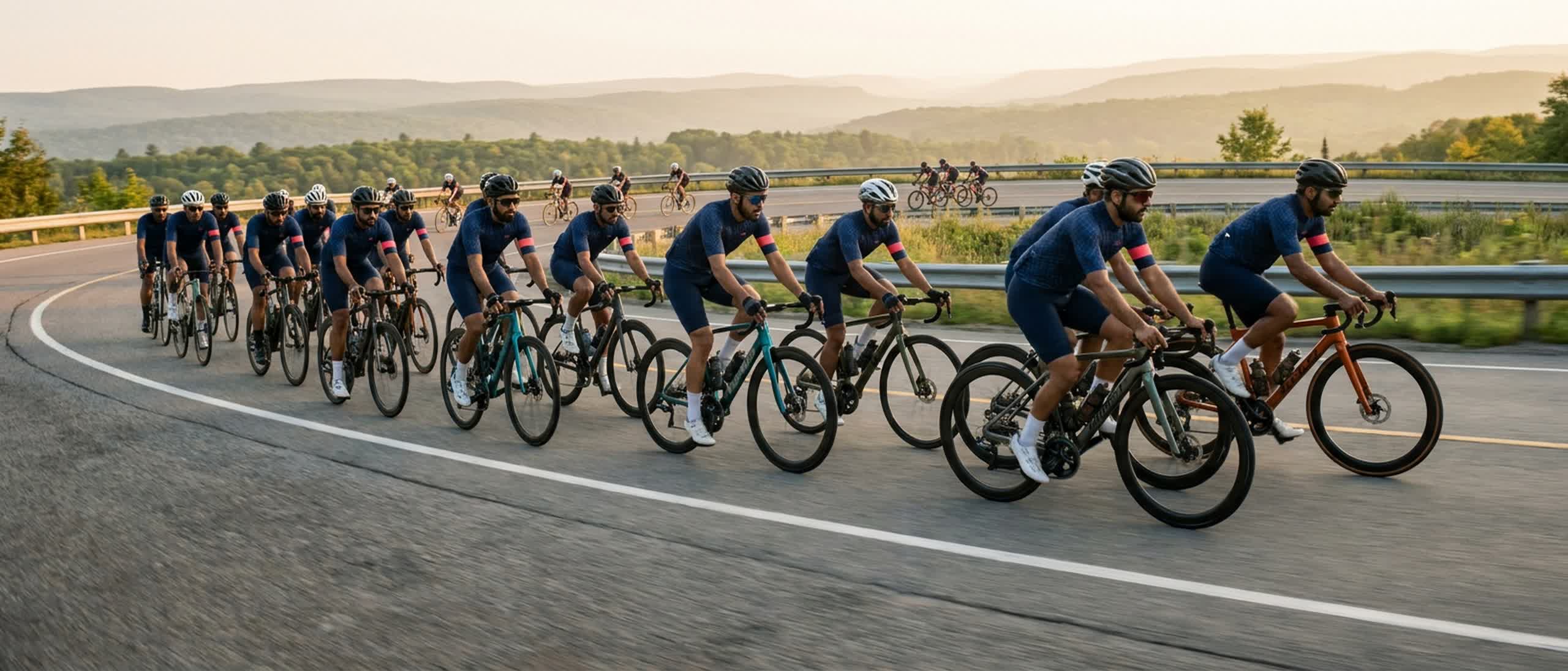 Jaffari Cycling Club riders on a country road at golden hour