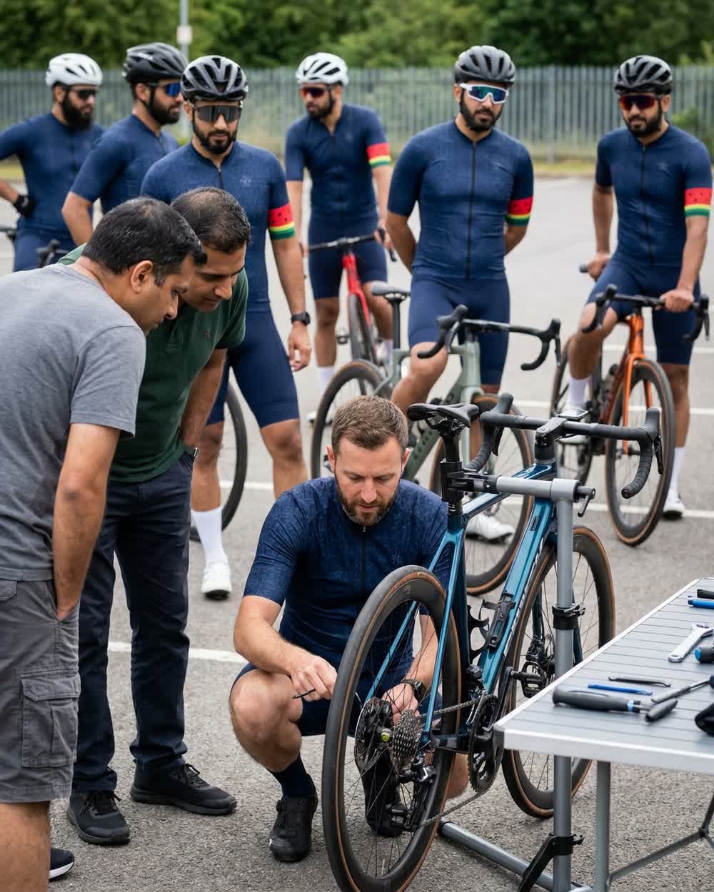 Volunteer mechanic running a bicycle clinic